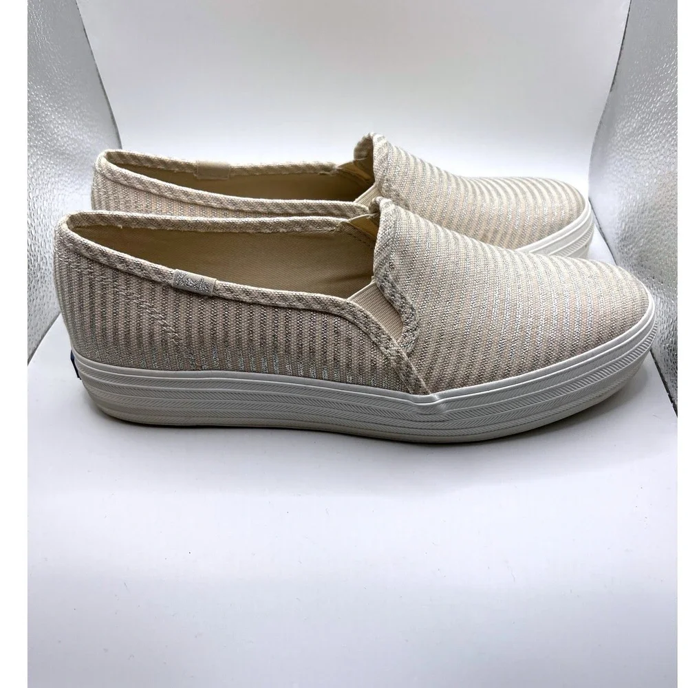 Keds Double Decker Sneaker 7.5 Cream Silver Excellent Striped Metallic Platform